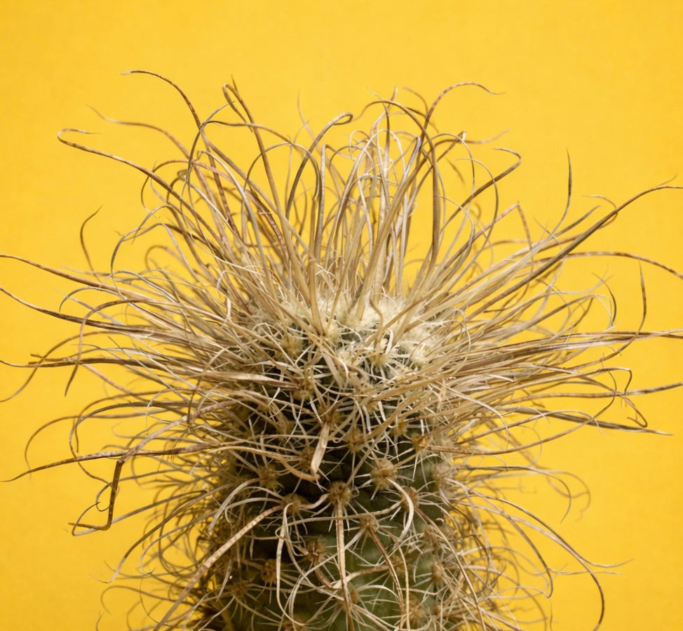 Toumeya papyracantha sjelden kaktus med lange krøllete gulaktige torner og grønn kropp