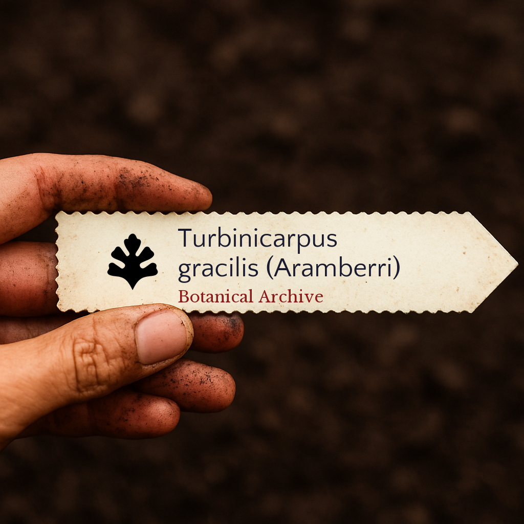 علامة نبات مطبوعة لنبتة تيربينيكاربوس غراسيليس (أرامبيري) ممسوك بيد متسخة فوق خلفية من التربة