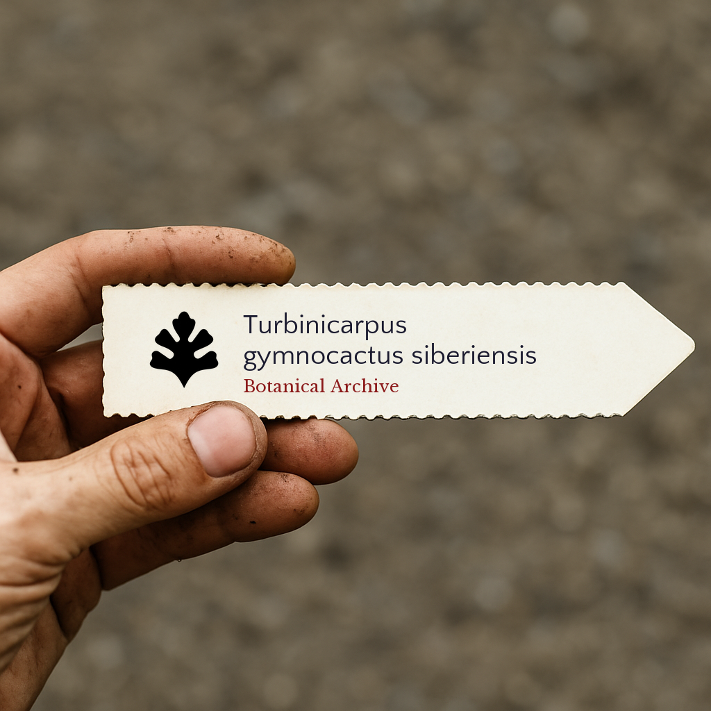علامة نبات مطبوعة لنوع تربينيكاربوس جمنوككتوس سيبيريينسيس ممسوك بيد مع خلفية ترابية