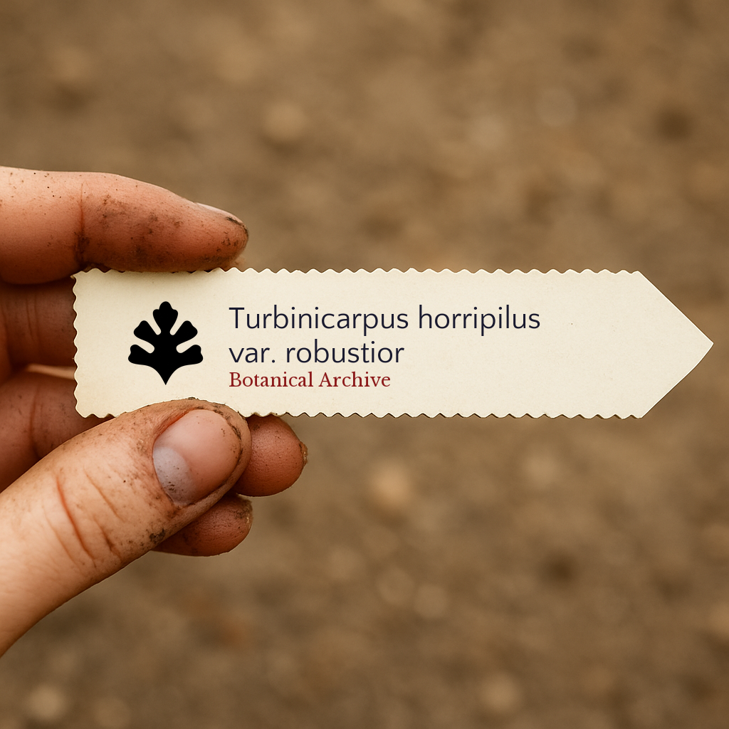 بطاقة نبات مطبوعة لـ توربينيكاربوس هورريبيلوس صنف روبوستيور ممسوك بيد متسخة في الهواء الطلق