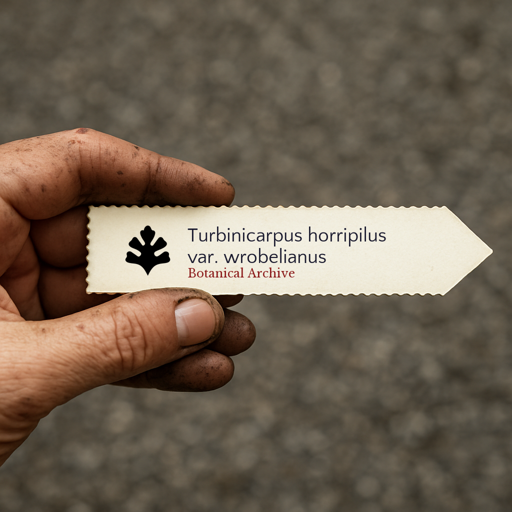 علامة نبات مطبوعة لعبوة تربينيكاربوس هوريبيلوس صنف وروبيليانوس ممسوك بيد متسخة في الهواء الطلق