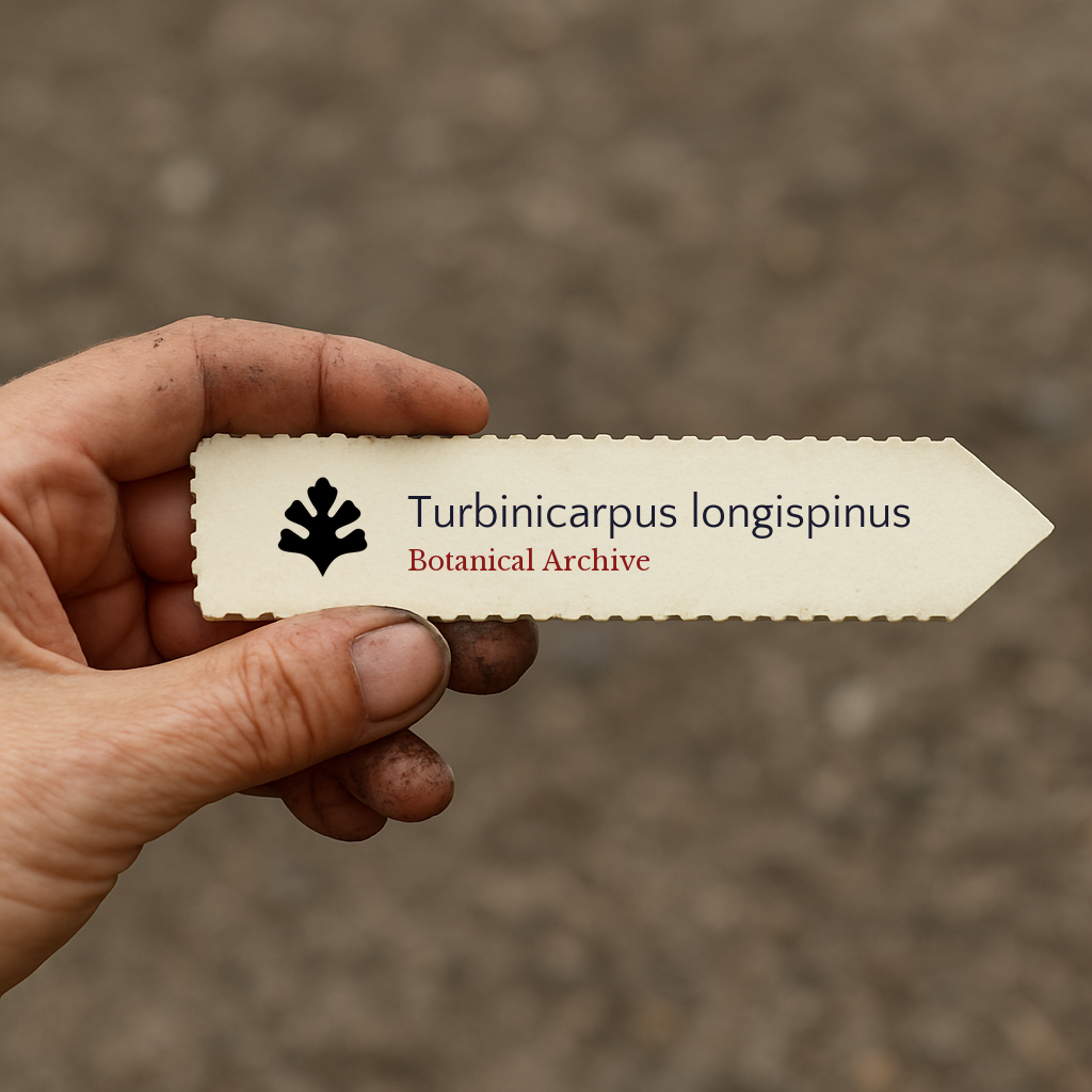 بطاقة نبات مطبوعة لـ توربينيكاربوس لونجيسبينوس ممسوكًا باليد مع خلفية من التربة