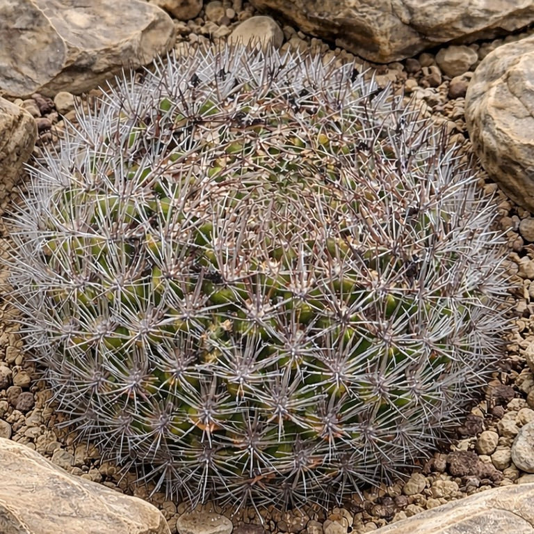 Weingartia neocumingii tett piggete sukkulente kaktus med radiære hvite og brune pigger