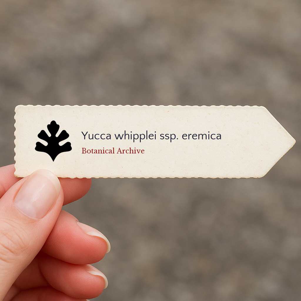 Étiquette de plante imprimée pour Yucca whipplei ssp. eremica avec le logo Botanical Archive