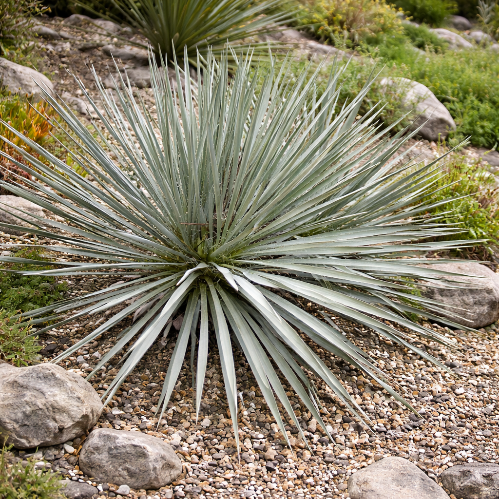 Yucca karlsruhensis x karlsruhensis stekelige blauwgroene vetplant met smalle bladeren