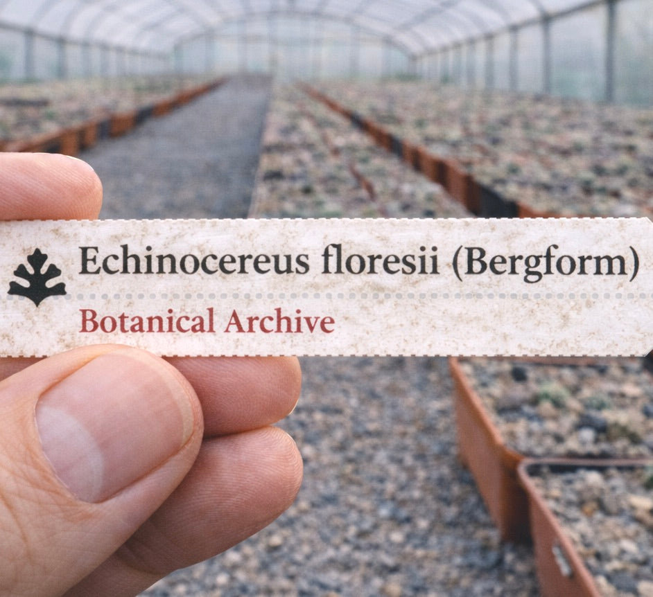 Bedrucktes Pflanzenetikett für Echinocereus floresii (Bergform) in Gewächshaus-Anzuchtschalen gehalten