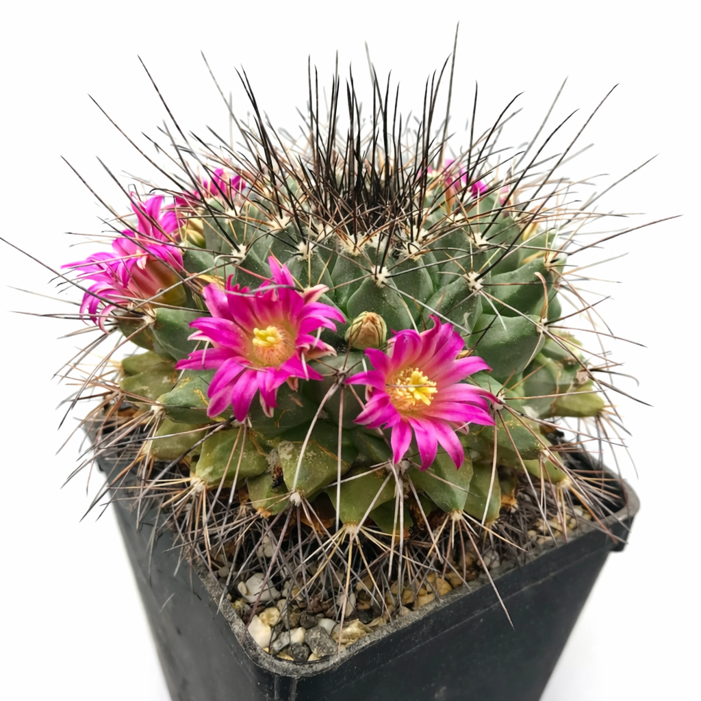 Mammillaria melanocentra-kaktus med lyserosa blomster og lange, mørke pigger i svart potte