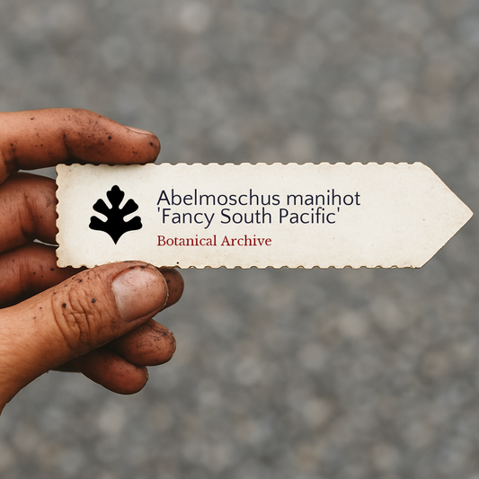 Printed plant label for Abelmoschus manihot 'Fancy South Pacific' held by dirty hand