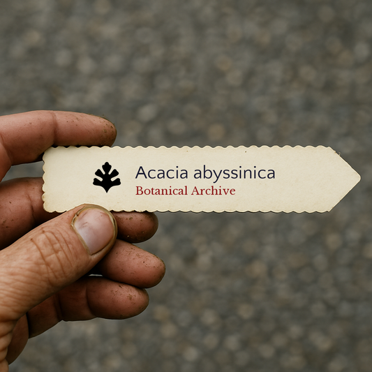 Bedrukte plantenlabel voor Acacia abyssinica vastgehouden in de hand met aarde onder de nagels