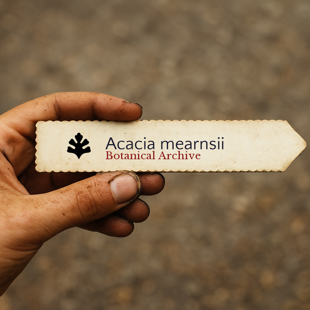 Etichetta per pianta stampata per Acacia mearnsii tenuta in mano con sfondo di terra