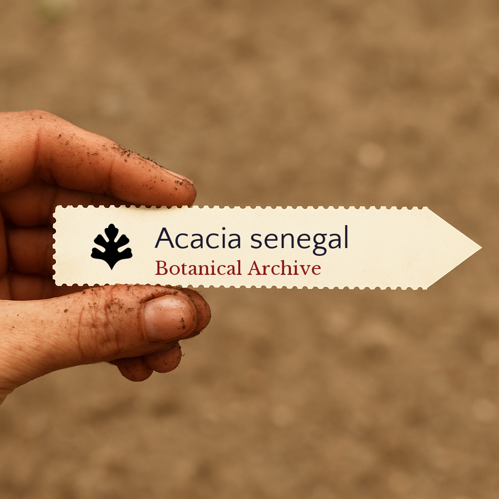 Bedruckte Pflanzenetikette für Acacia senegal, in der Hand gehalten vor einem Erdhintergrund