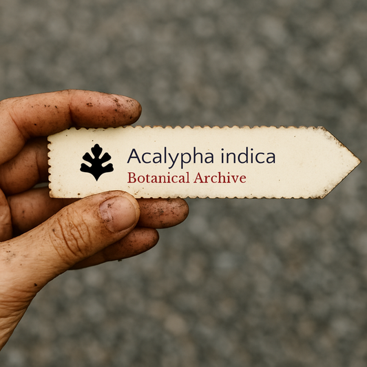 Bedrukte plantenlabel voor Acalypha indica Botanical Archive vastgehouden door een vuile hand