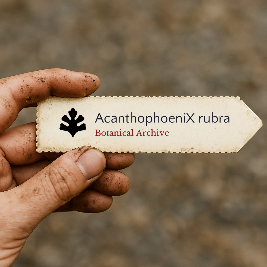 Trykt planteetikett for AcanthophoeniX rubra holdt av skitten hånd utendørs