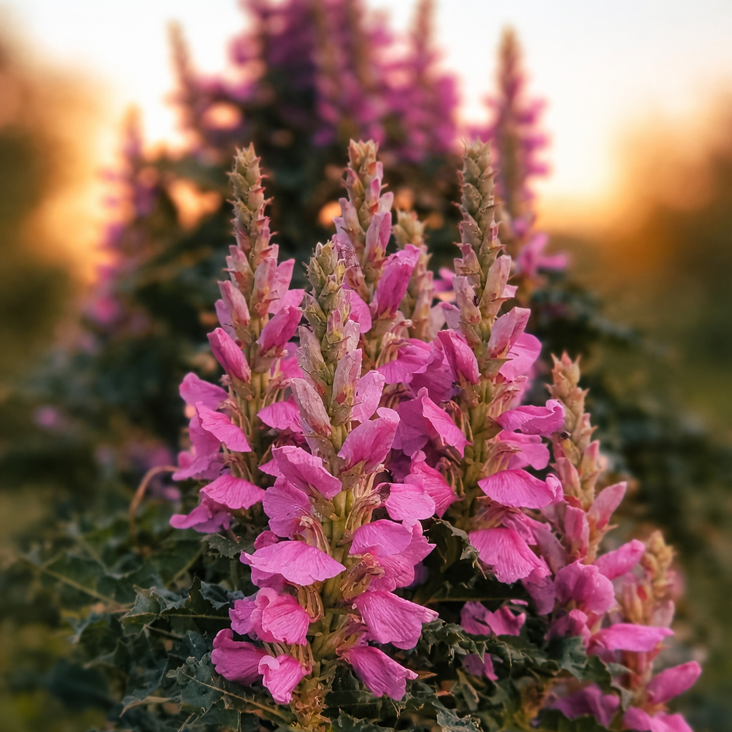 Acanthus polystachyus planta alta con flores con espigas rosadas y follaje verde