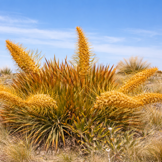 Aciphylla aurea stekelige gouden bloeiende plant in een droge graslandomgeving