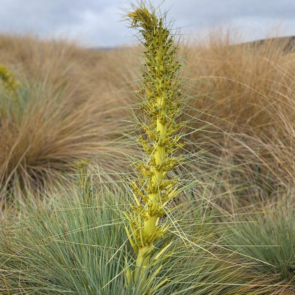 Aciphylla glaucescens plante fleurie haute et épineuse avec tige vert jaunâtre et feuilles en forme d'aiguilles