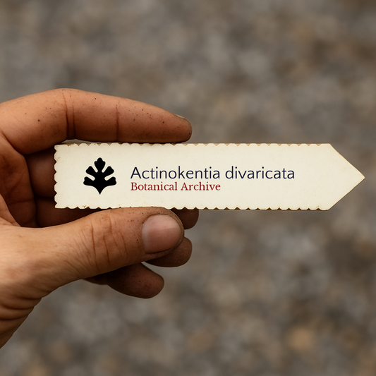 Étiquette végétale imprimée pour Actinokentia divaricata tenue en main avec de la terre sur les doigts