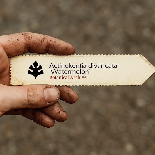 Étiquette de plante imprimée pour Actinokentia divaricata 'Watermelon' tenue par une main sale