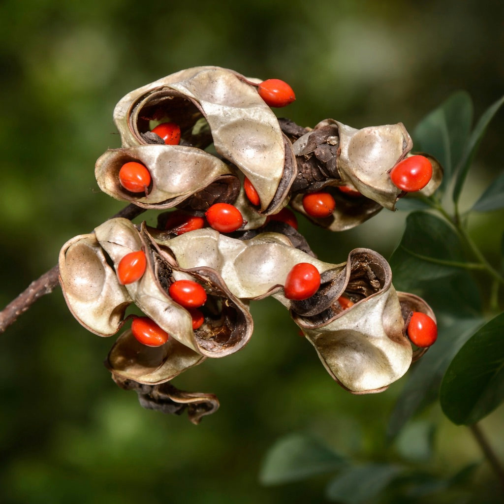 Adenanthera microsperma Samenschoten mit leuchtend roten Samen vor grünem Laubhintergrund