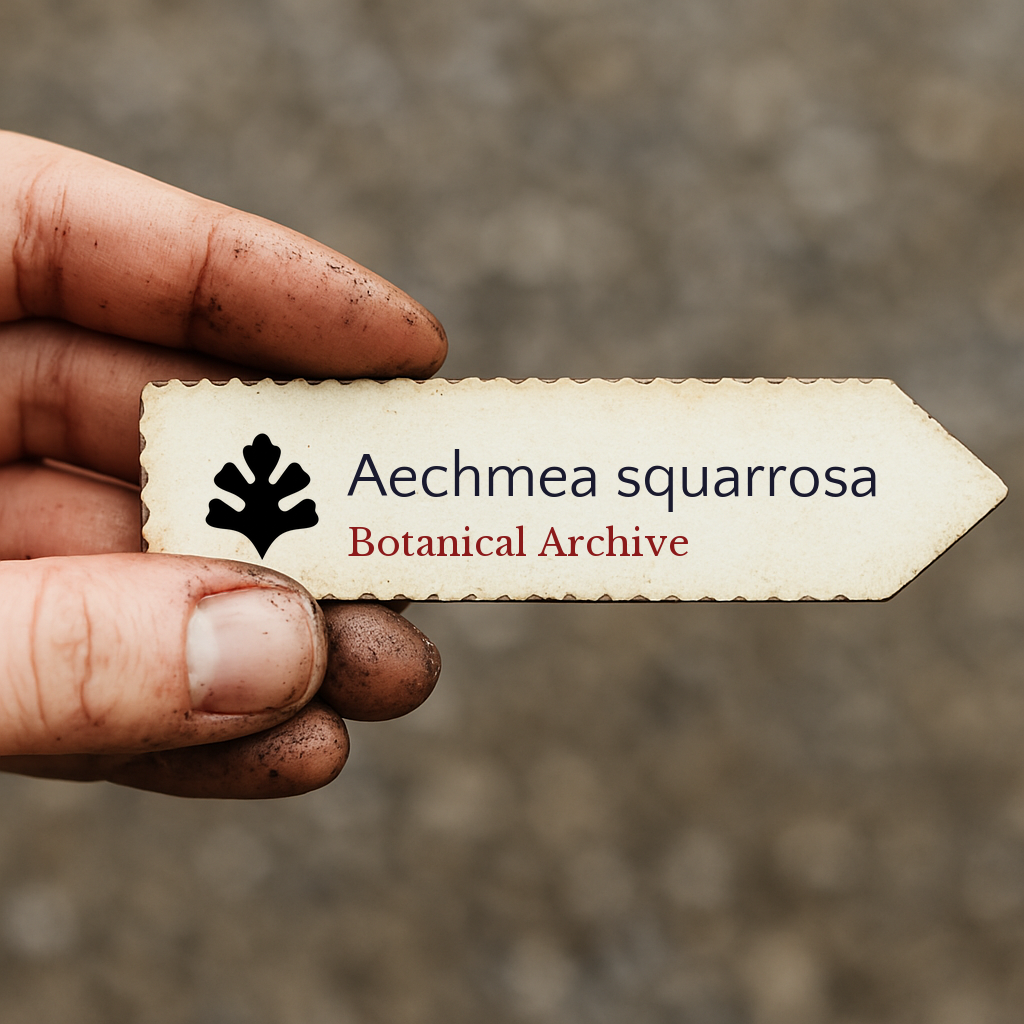 Etiqueta de planta impressa para Aechmea squarrosa com o logótipo da Botanical Archive segurada por mão suja