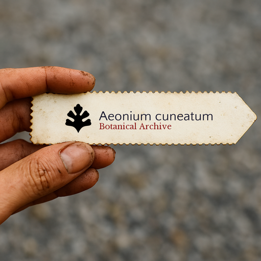 Bedrucktes Pflanzenetikett für Aeonium cuneatum mit dem Botanical Archive Logo, gehalten von einer schmutzigen Hand