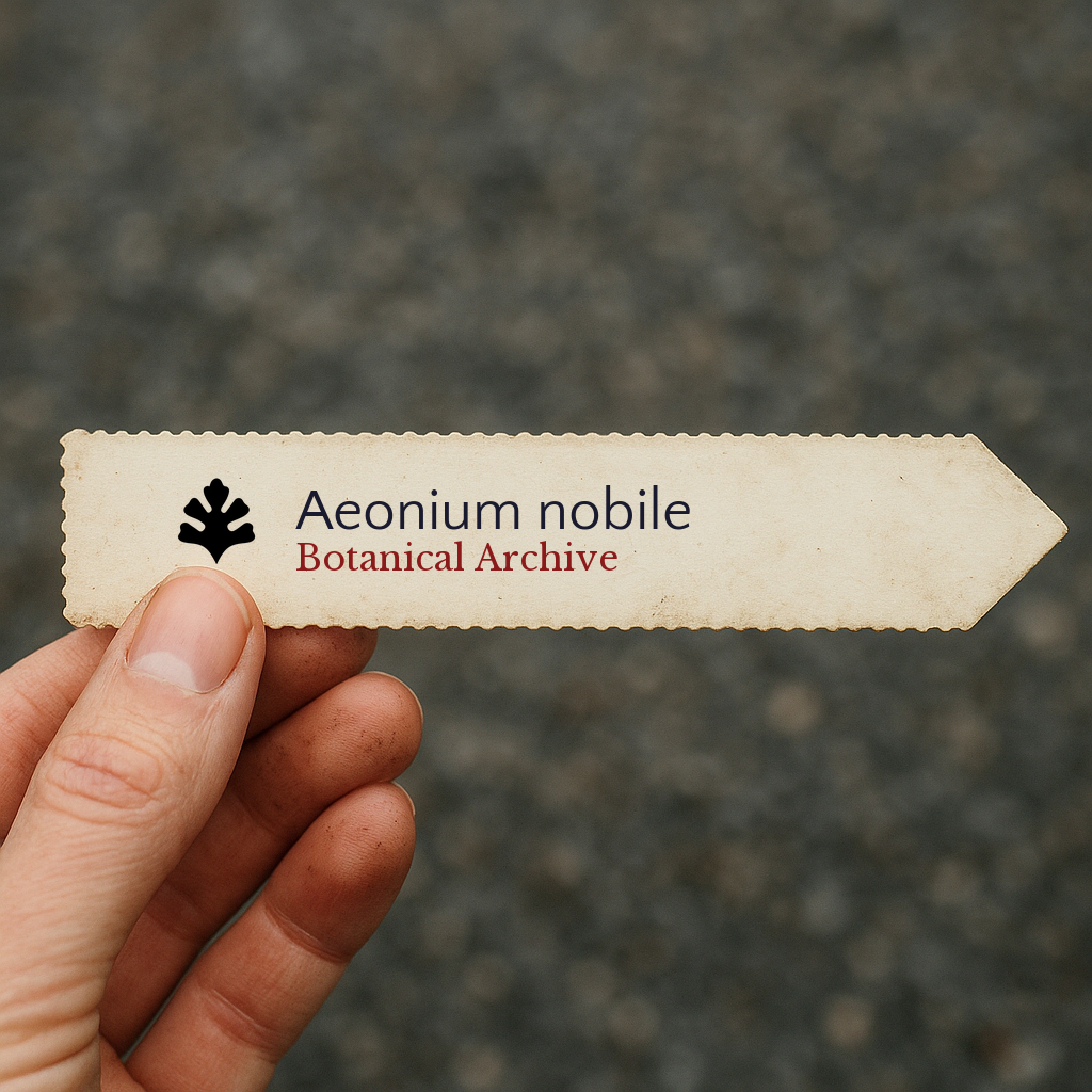 Gedrukt plantenlabel voor Aeonium nobile met Botanical Archive-logo vastgehouden door hand