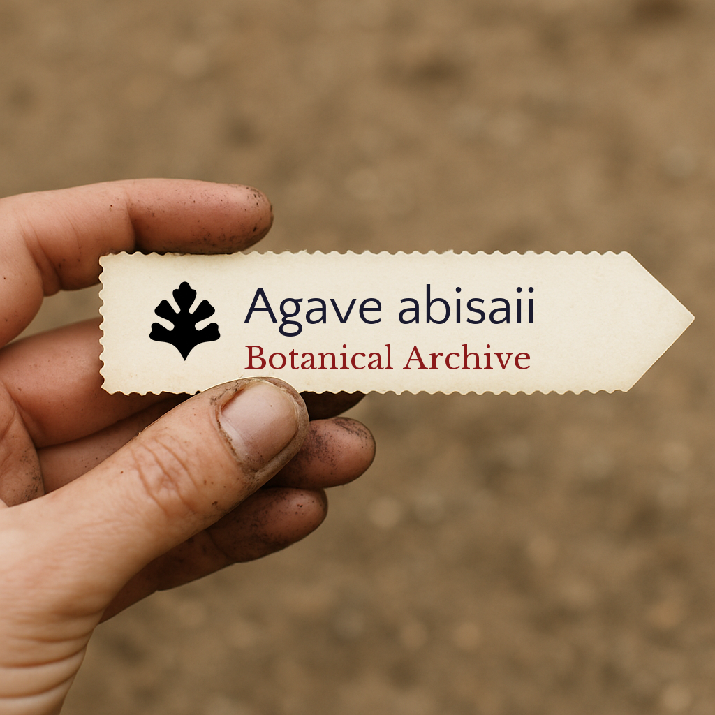 Gedrukt plantenlabel voor Agave abisaii vastgehouden door een vuile hand tegen een achtergrond van aarde