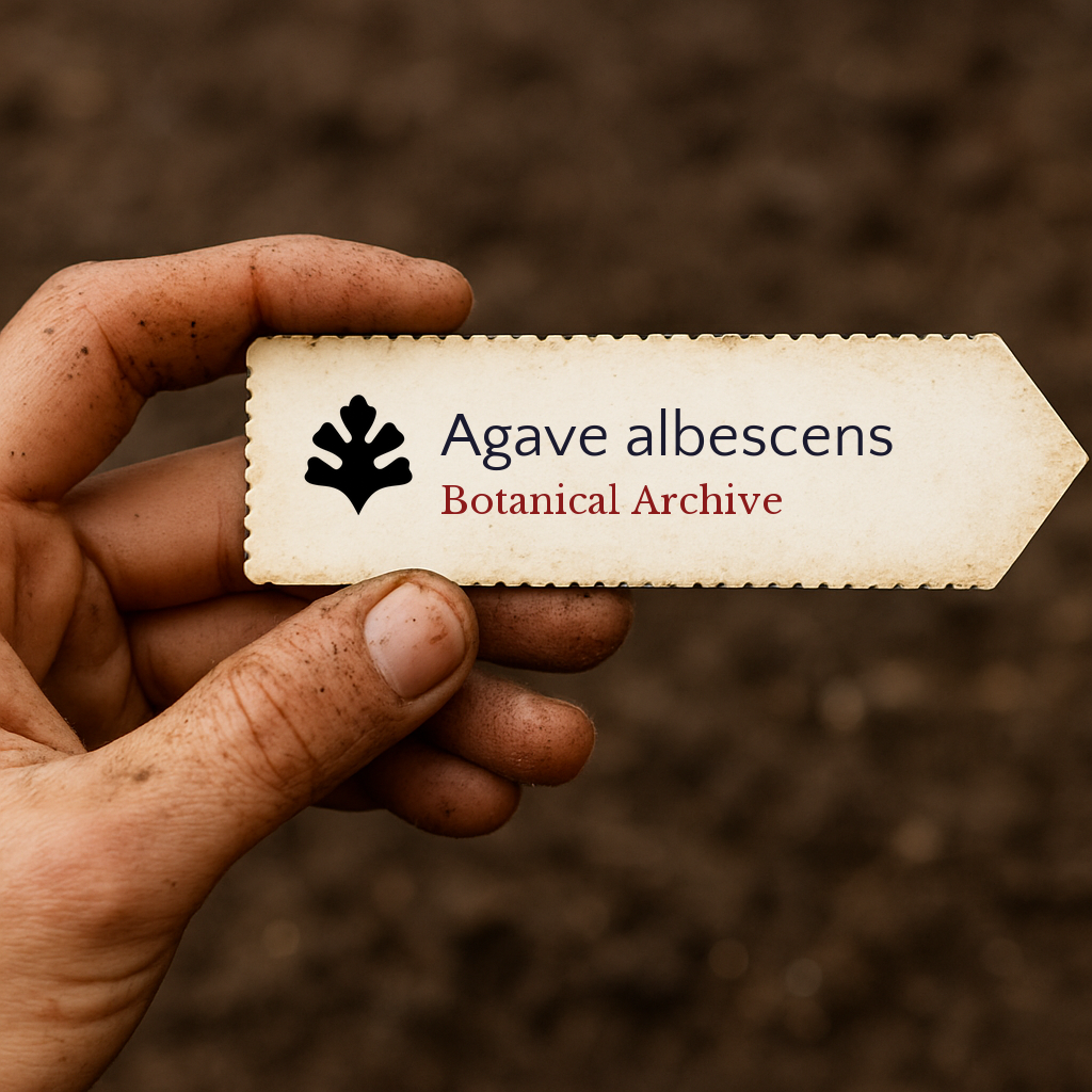 Étiquette de plante imprimée pour Agave albescens tenue par une main sale sur un fond de sol