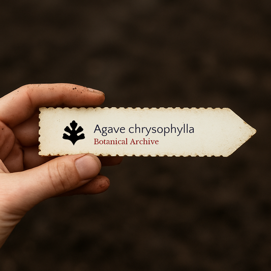 Printed plant label for Agave chrysophylla with botanical archive logo held by hand
