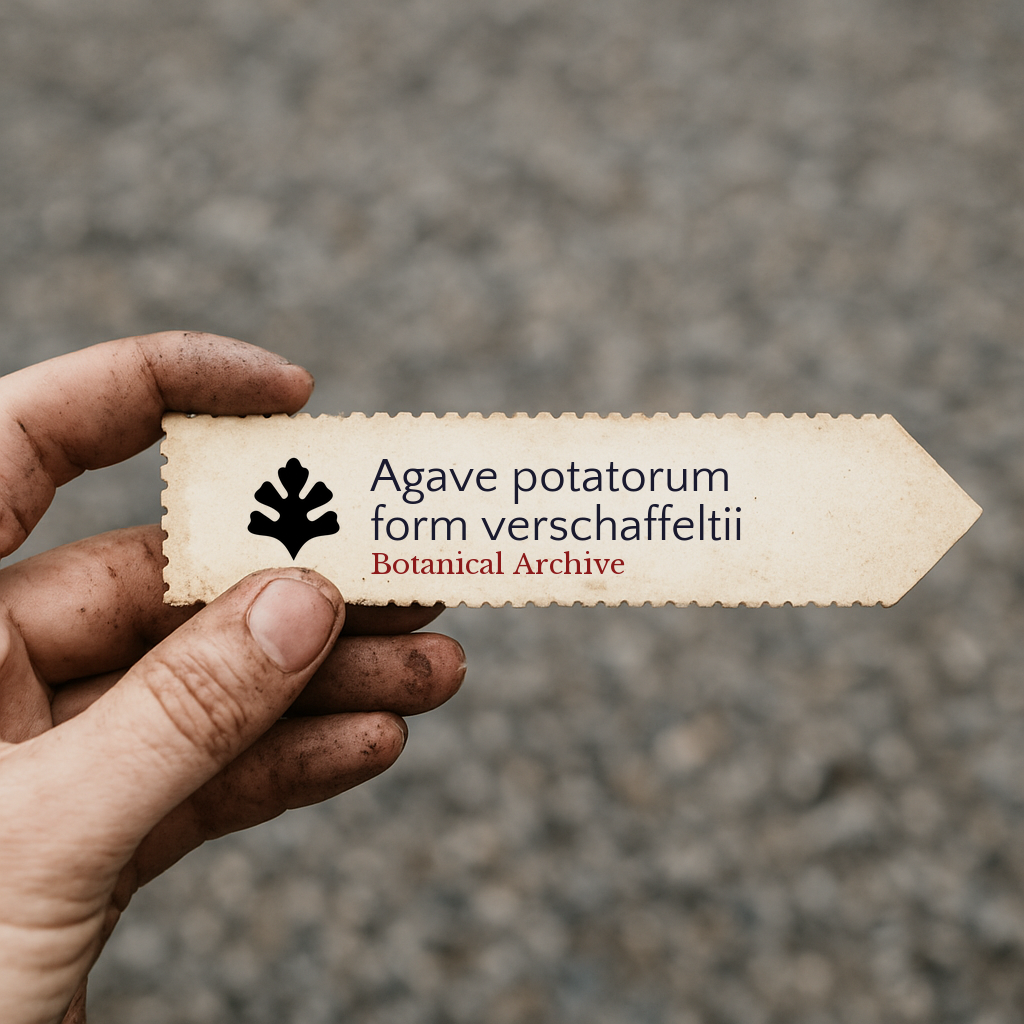 Bedrucktes Pflanzenetikett für Agave potatorum form verschaffeltii, im Freien von Hand gehalten