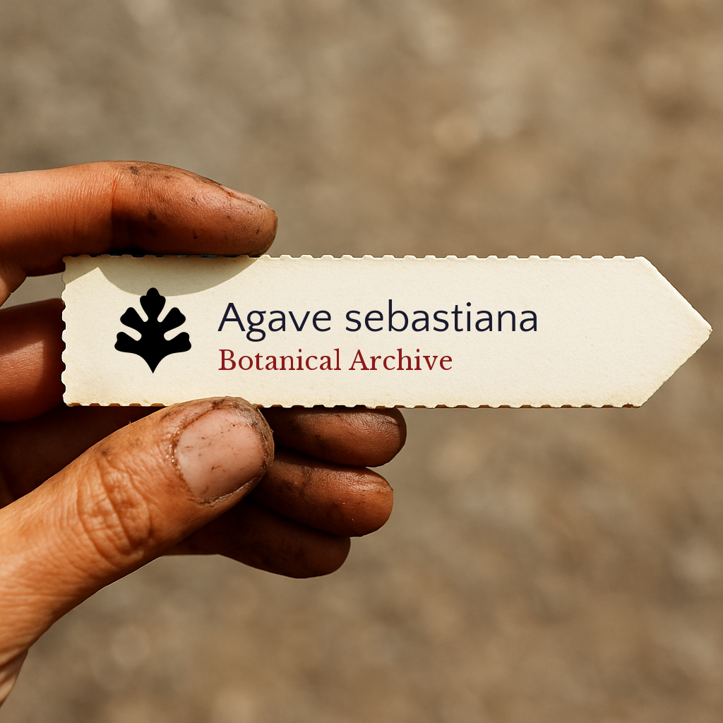 Printed plant label for Agave sebastiana held by hand with dirt background