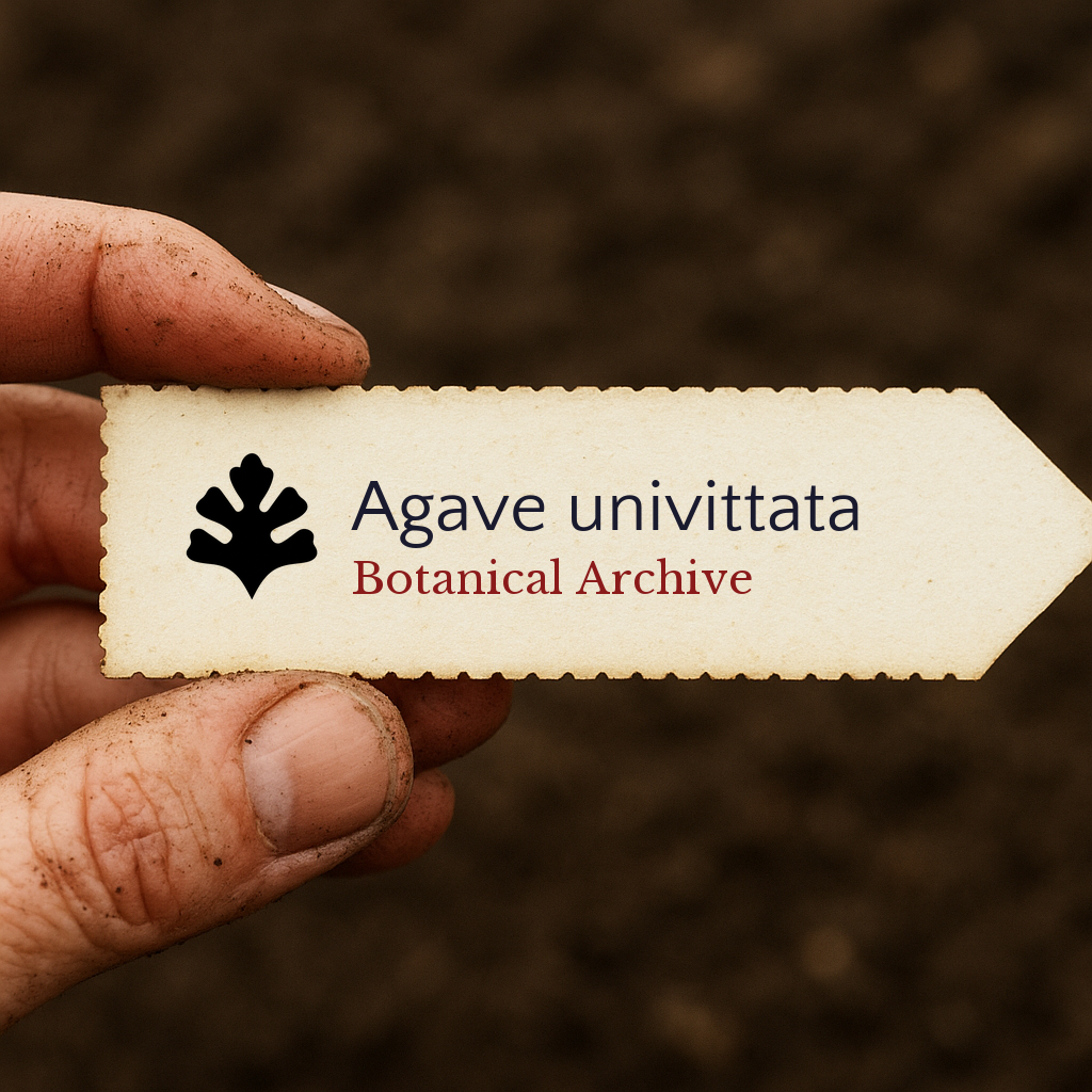 Printed plant label for Agave univittata held by hand over soil background
