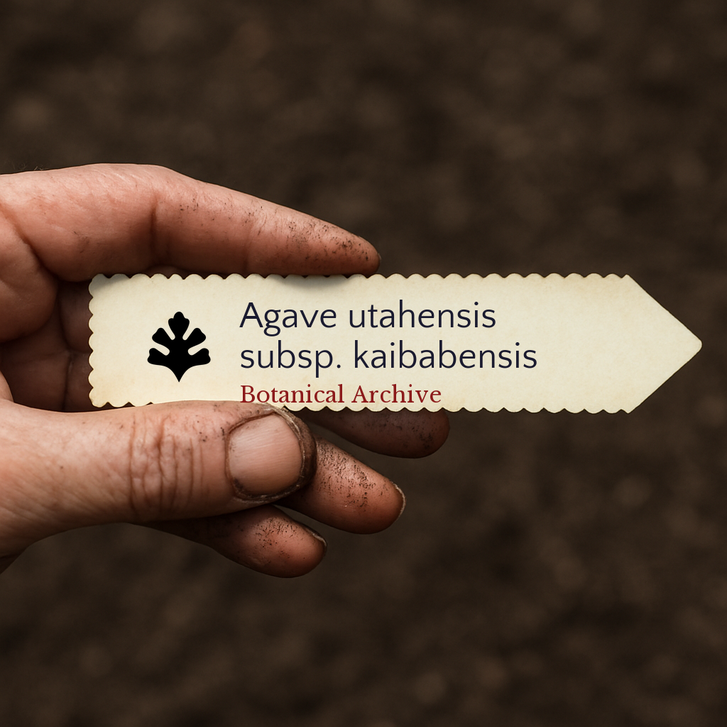 Handheld printed plant label for Agave utahensis subsp. kaibabensis with soil background