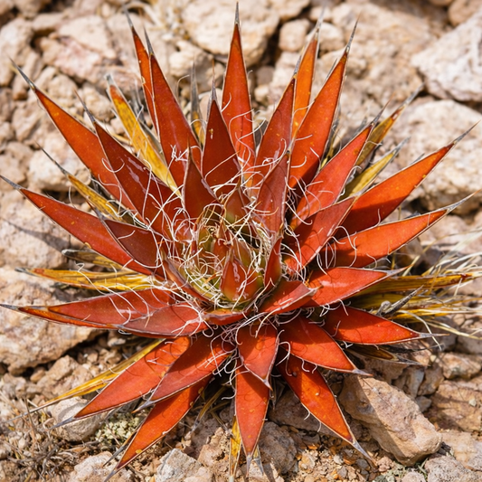 Agave filifera succulent with red pointed leaves and white filaments on rocky soil