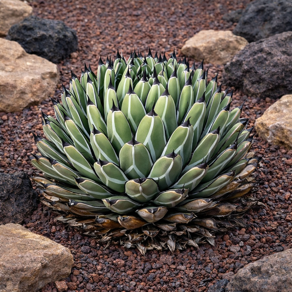 Agave nickelsiae Sukkulente Rosette mit dicken grünen Blättern und schwarzen Stacheln auf felsigem Boden