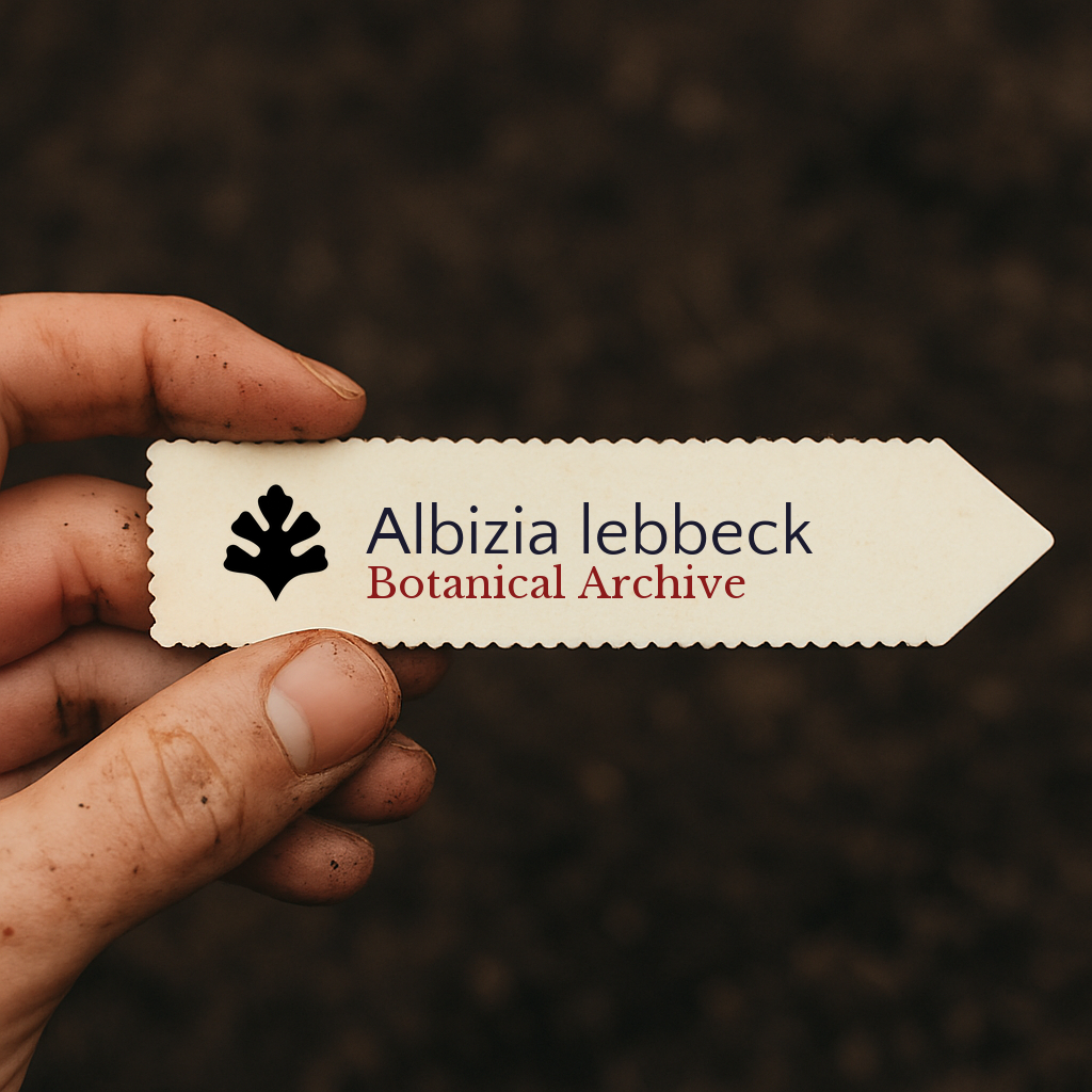 Etichetta stampata per pianta di Albizia lebbeck tenuta in mano su sfondo di terreno