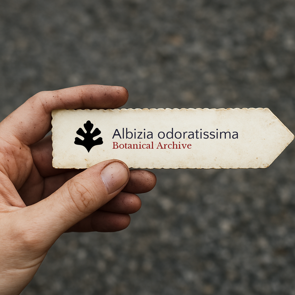 Bedrucktes Pflanzenetikett für Albizia odoratissima, das von Hand mit Erde an den Fingern gehalten wird