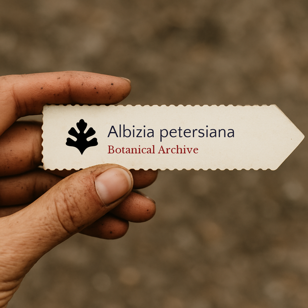 Etiqueta de planta impresa para Albizia petersiana sostenida por mano sucia sobre fondo desenfocado