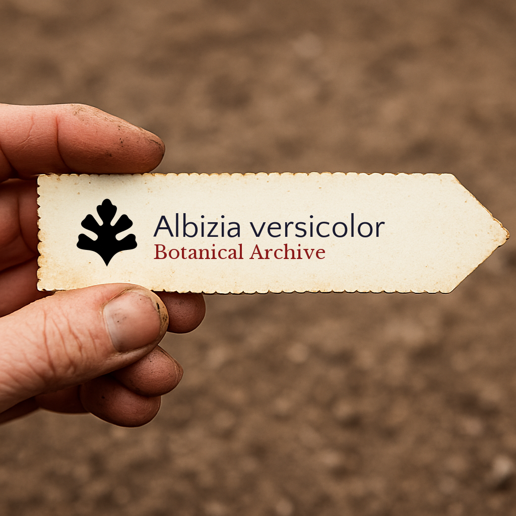 Étiquette de plante imprimée pour Albizia versicolor avec le logo Botanical Archive tenue à la main