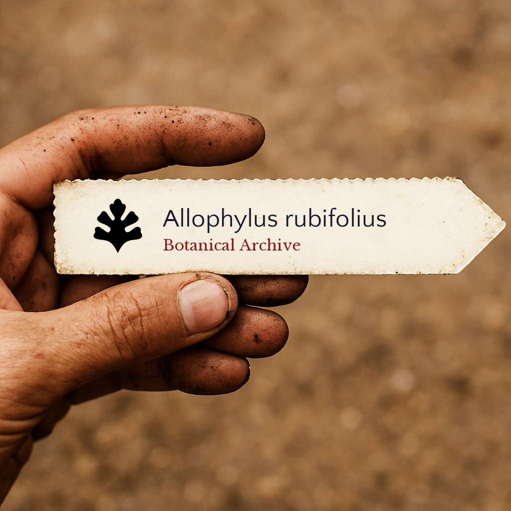 Printed plant label for Allophylus rubifolius held by dirty hand outdoors