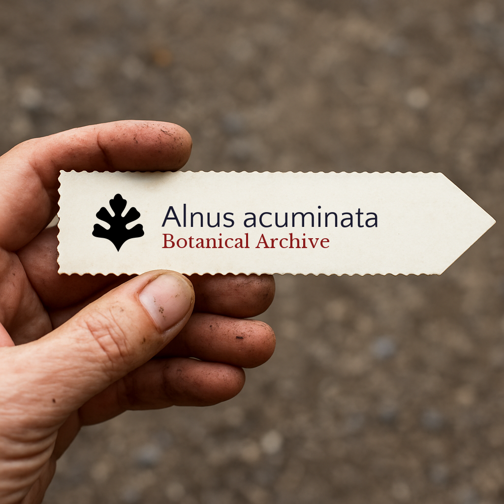 بطاقة نبات مطبوعة لألنوس أكوميناتا مع شعار Botanical Archive ممسوك باليد