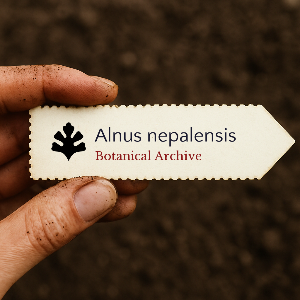 Etiqueta de planta impressa para Alnus nepalensis com o logótipo da Botanical Archive segurada sobre um fundo de terra
