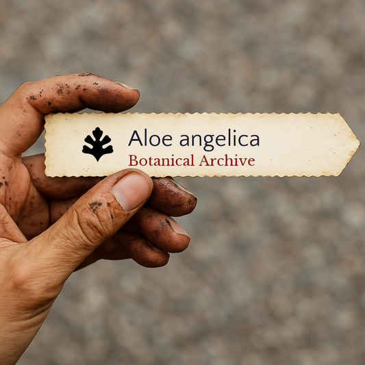 Etichetta per piante stampata per Aloe angelica tenuta da mano sporca su sfondo sfocato