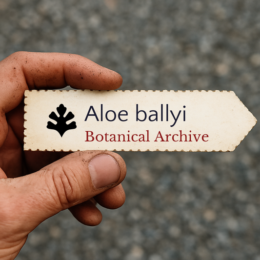 Etichetta stampata per pianta di Aloe ballyi tenuta da una mano con sporco sulle dita
