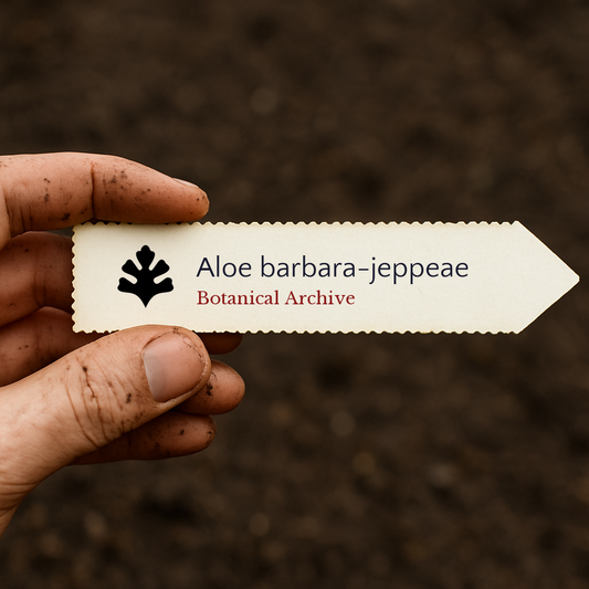 Etichetta della pianta stampata per Aloe barbara-jeppeae tenuta sopra uno sfondo di terreno