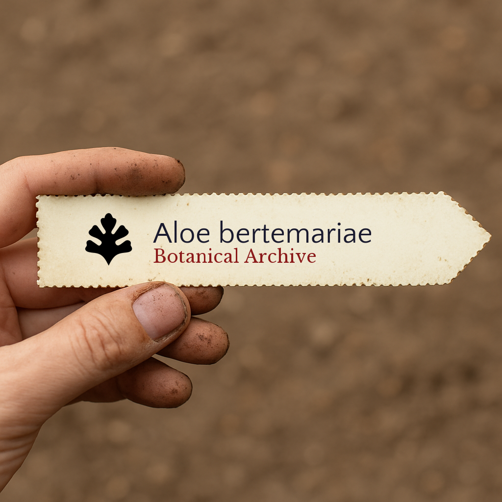 Printed plant label for Aloe bertemariae held by hand with soil background