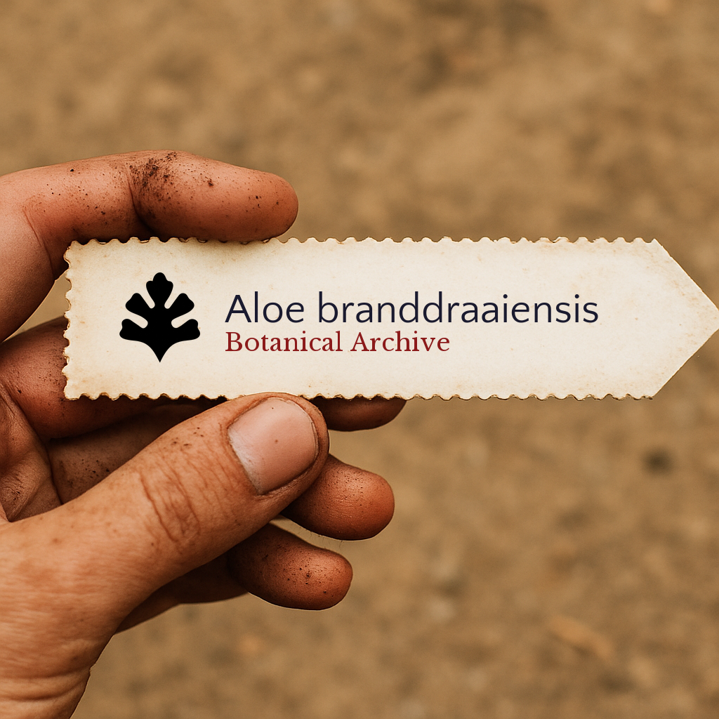 Etichetta per pianta stampata per Aloe branddraaiensis tenuta da mano sporca su sfondo di terra