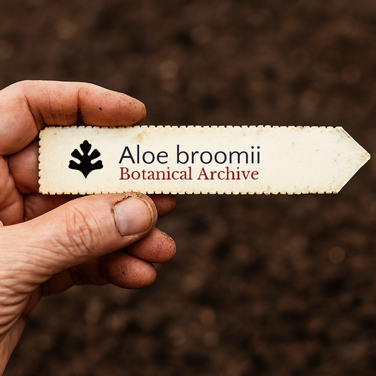 Etichetta stampata per pianta di Aloe broomii Botanical Archive tenuta a mano su sfondo di terreno