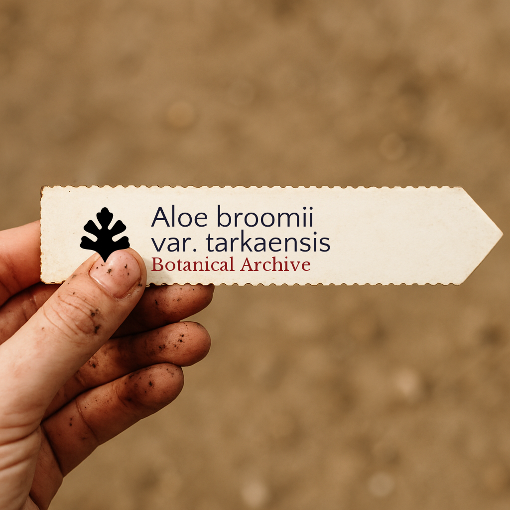 Printed plant label for Aloe broomii var. tarkaensis held by hand with soil background