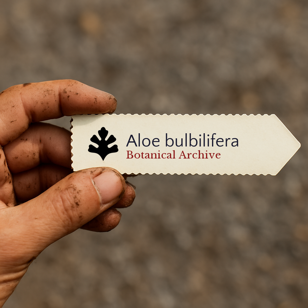 Etichetta per pianta stampata per Aloe bulbilifera tenuta da una mano sporca su sfondo sfocato